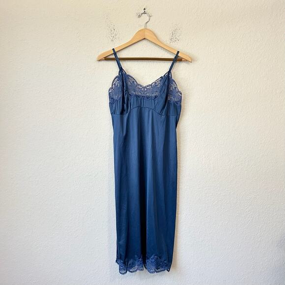 Vintage WONDER MAID Slip Dress Navy Blue Satin Chemise Babydoll 90s - Picture 1 of 11